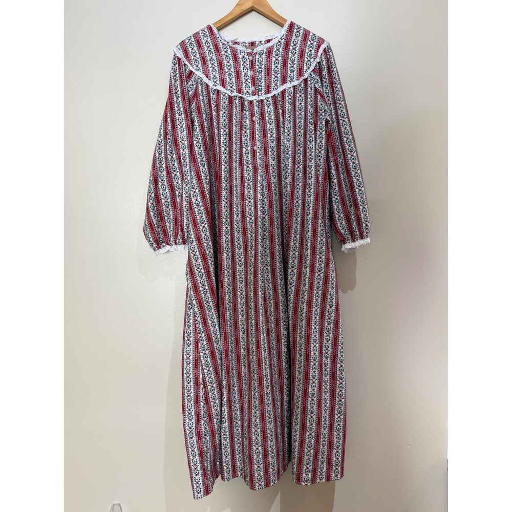 Lanz of Salzburg Red White Floral Stripe Flannel Nightgown Lace Trim Plus 1X
